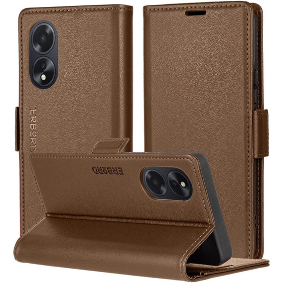 Θήκη για Oppo A60, ERBORD Glossy Litchi, πορτοφόλι με πτερύγιο, καφέ