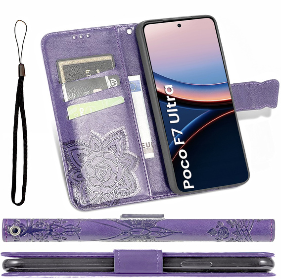 Θήκη με πτερύγιο για Xiaomi Poco F7 Ultra, Butterfly, μωβ