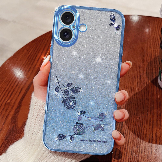 Θήκη για iPhone 16 Plus, Glitter Flower, μπλε