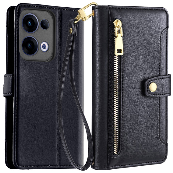 Θήκη με πτερύγιο για Oppo Reno 13, Wallet Zipper Pocket, μαύρη