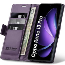 Θήκη για Oppo Reno 13 Pro, ERBORD Glossy Litchi, πορτοφόλι με πτερύγιο, μωβ
