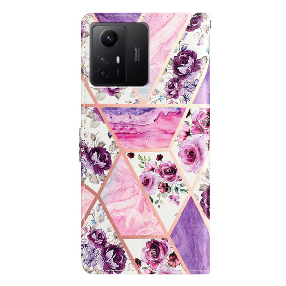 Θήκη με πτερύγιο για Xiaomi Redmi Note 12S, Wallet, marble & flowers, ροζ