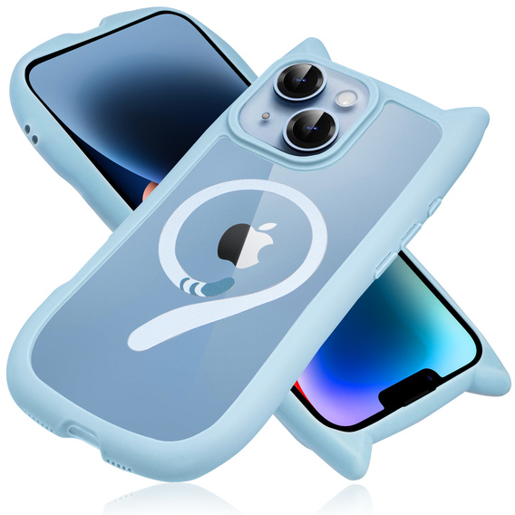 Θήκη για iPhone 13 / iPhone 14, για MagSafe, Cute Cat, μπλε + Γυαλί οθόνης