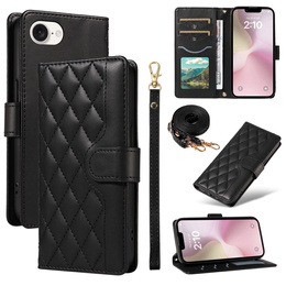 θήκη πτερύγιο για iPhone 16E, Rhombus Crossbody Leather, μαύρη