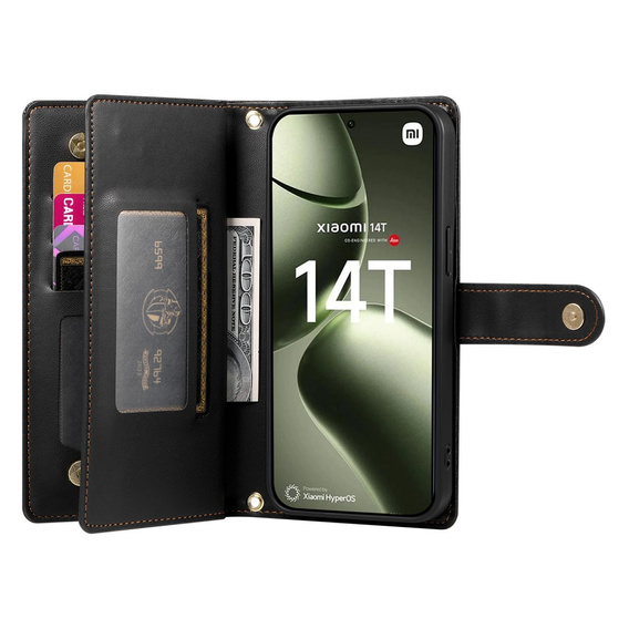 Θήκη με πτερύγιο για Xiaomi 14T, Wallet Zipper Pocket, μαύρη