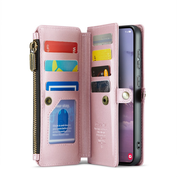 θήκη CASEME για Samsung Galaxy S24 FE, RFID Leather Wallet, με λουράκι ώμου, ροζ