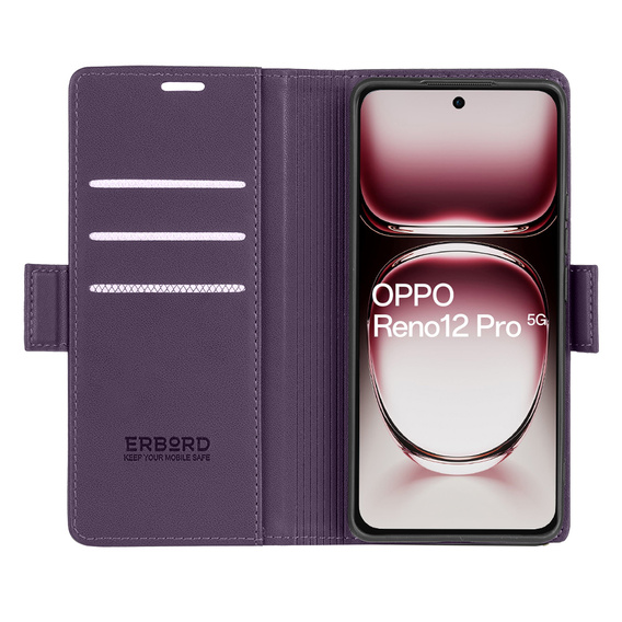 Θήκη για Oppo Reno 12 Pro, ERBORD Glossy Litchi, πορτοφόλι με πτερύγιο, μωβ