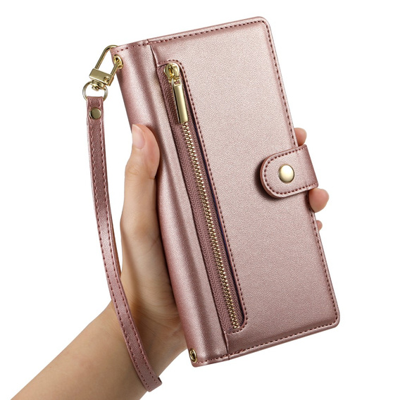 Θήκη με πτερύγιο για iPhone 16 Plus, Wallet Zipper Pocket, ροζ