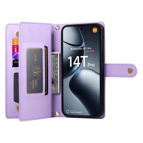 Θήκη με πτερύγιο για Xiaomi 14T Pro, Wallet Zipper Pocket, μωβ