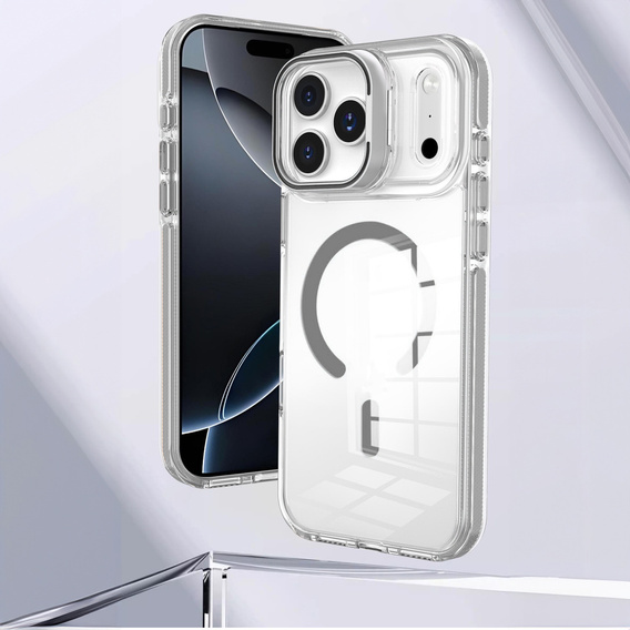 Θήκη για iPhone 17 Pro, για MagSafe, με βάση, διάφανη με γκρι ένθετα