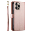 Θήκη με πτερύγιο για iPhone 16 Pro, Wallet Zipper Pocket, ροζ