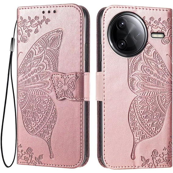 Θήκη με πτερύγιο για Xiaomi Poco F7 Pro, Butterfly, ροζ rose gold