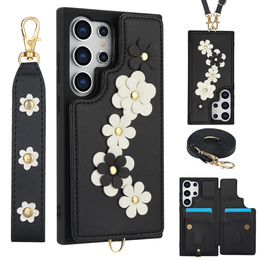 θήκη για Samsung Galaxy S25 Ultra, Leather Flower Card Slot, μαύρη