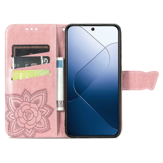 Θήκη με πτερύγιο για Xiaomi 14T Pro, Butterfly, ροζ rose gold