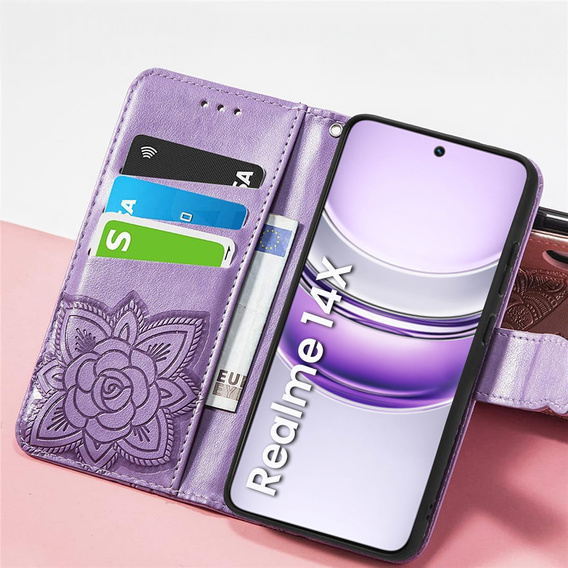 Θήκη με πτερύγιο για Realme 14X / Realme C75, Butterfly, μωβ