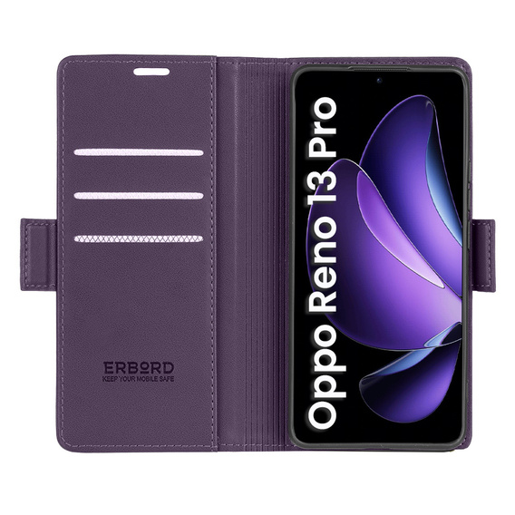 Θήκη για Oppo Reno 13 Pro, ERBORD Glossy Litchi, πορτοφόλι με πτερύγιο, μωβ