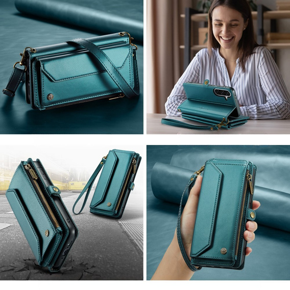 θήκη CASEME για Samsung Galaxy A56 5G, RFID Leather Wallet, με λουράκι ώμου, πράσινη