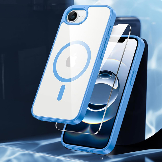 Μαγνητική θήκη για iPhone 16E, MagSafe, μπλε + σκληρυμένο γυαλί 9H