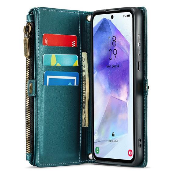 θήκη CASEME για Samsung Galaxy A55 5G, RFID Leather Wallet, με λουράκι ώμου, πράσινη