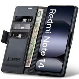 Θήκη για Xiaomi Redmi Note 14 5G, ERBORD Glossy Litchi, πορτοφόλι με πτερύγιο, μαύρη