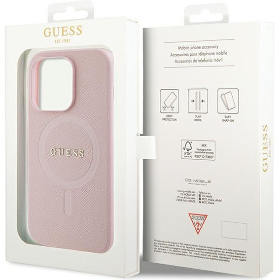 GUESS Θήκη για iPhone 14 Pro, Saffiano MagSafe, ροζ