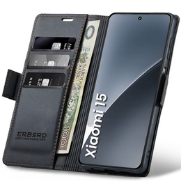 Θήκη για Xiaomi 15, ERBORD Glossy Litchi, πορτοφόλι με πτερύγιο, μαύρη
