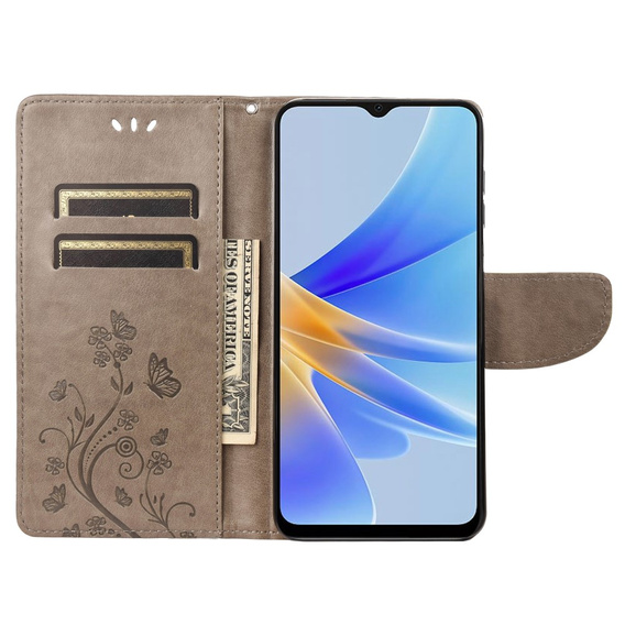 Θήκη με πτερύγιο για Oppo A17, Butterfly, γκρι