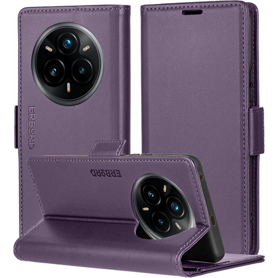 Θήκη για Realme 14 Pro+ 5G, ERBORD Glossy Litchi, πορτοφόλι με πτερύγιο, μωβ