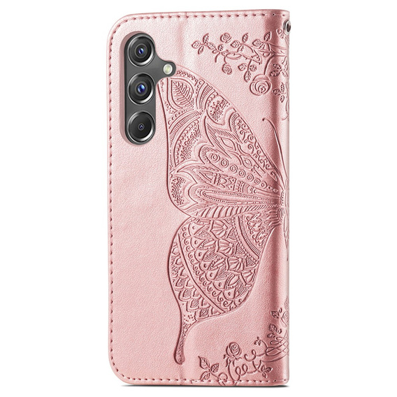 Θήκη με πτερύγιο για Samsung Galaxy A15, Butterfly Flower, ροζ + γυαλί 9H  