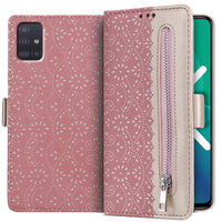 θήκη πτερύγιο για Samsung Galaxy A51, Wallet Pocket Zipper Lace, ροζ