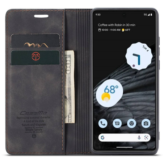 θήκη CASEME για Google Pixel 7, Leather Wallet Case, μαύρη