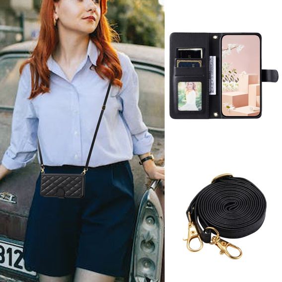 θήκη πτερύγιο για iPhone 16 Pro, Rhombus Crossbody Leather, μαύρη