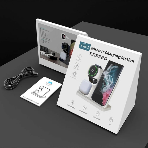 Ασύρματο φορτιστή 3 σε 1 QI γρήγορο για Samsung S25 S24 S23 Galaxy Watch Buds Σταθμός λευκό