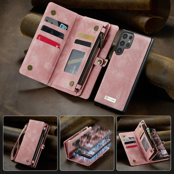 CASEME θήκη για Samsung Galaxy S25 Ultra, Retro Leather Wallet, με λουράκι, ροζ