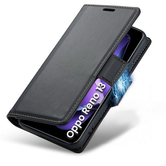 Θήκη για Oppo Reno 13, ERBORD Glossy Litchi, πορτοφόλι με πτερύγιο, μαύρη
