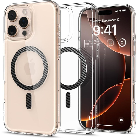 Θήκη MagSafe Spigen για iPhone 16 Pro Max, Ultra Hybrid, διαφανής + Μετριασμένο γυαλί 9H