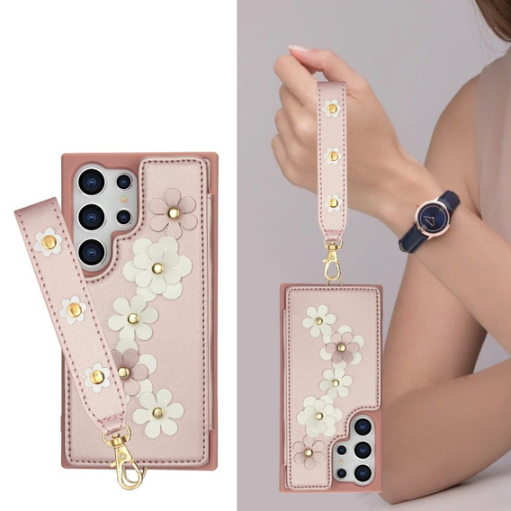 θήκη για Samsung Galaxy S24 Ultra, Leather Flower Card Slot, ροζ