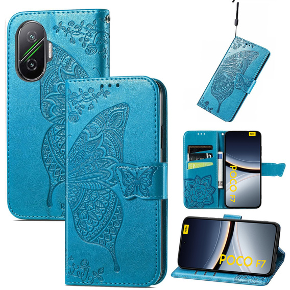 Θήκη με πτερύγιο για Xiaomi Poco F7, Butterfly, μπλε