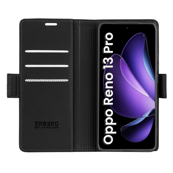 Θήκη για Oppo Reno 13 Pro, ERBORD Glossy Litchi, πορτοφόλι με πτερύγιο, μαύρη
