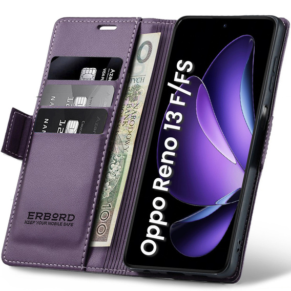 Θήκη για Oppo Reno 13F / Oppo Reno 13FS, ERBORD Glossy Litchi, πορτοφόλι με πτερύγιο, μωβ