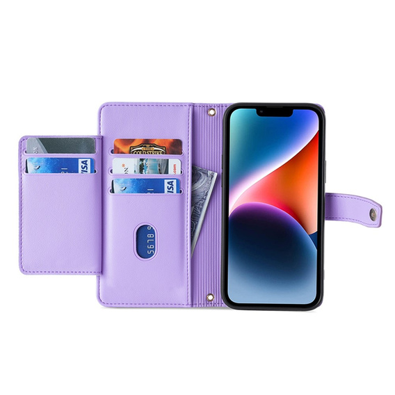 Θήκη με πτερύγιο για iPhone 14, Wallet Zipper Pocket, μωβ