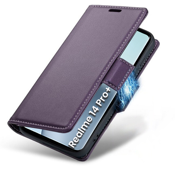 Θήκη για Realme 14 Pro+ 5G, ERBORD Glossy Litchi, πορτοφόλι με πτερύγιο, μωβ