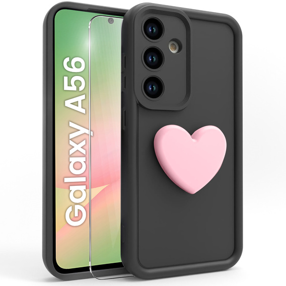 Θήκη για Samsung Galaxy A56 5G, Silicone Heart, μαύρη + σκληρό γυαλί 9H