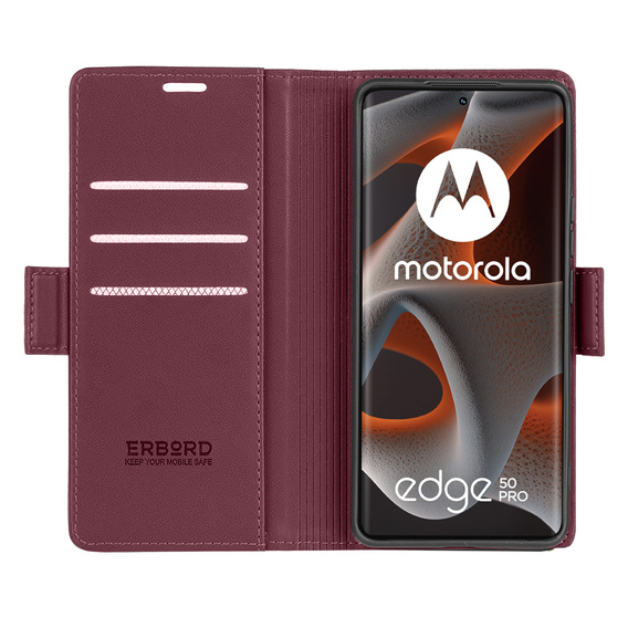 Θήκη για Motorola Edge 50 Pro, ERBORD Glossy Litchi, πορτοφόλι με πτερύγιο, κόκκινη