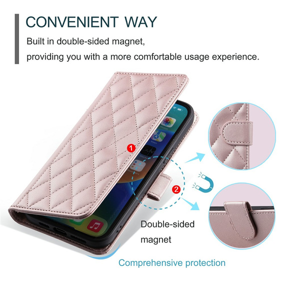 θήκη πτερύγιο για Samsung Galaxy S25 FE, Rhombus Crossbody Leather, ροζ rose gold