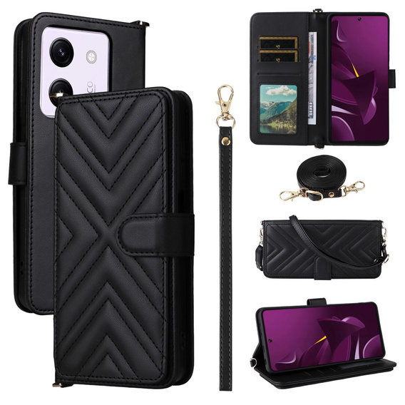 Θήκη με πτερύγιο για Xiaomi Poco M7 Pro 5G, Crossbody Leather Wallet, μαύρη