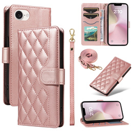 θήκη πτερύγιο για iPhone 16E, Rhombus Crossbody Leather, ροζ rose gold