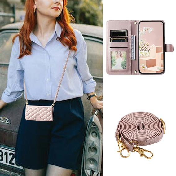 θήκη πτερύγιο για Samsung Galaxy S25 FE, Rhombus Crossbody Leather, ροζ rose gold
