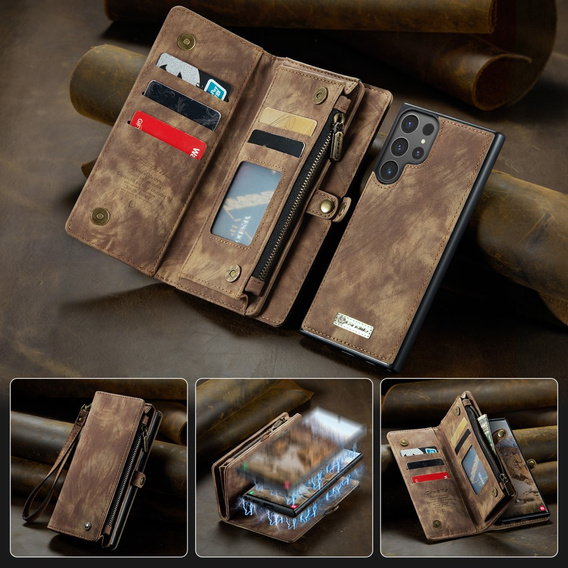 CASEME θήκη για Samsung Galaxy S25 Ultra, Retro Leather Wallet, με λουράκι, καφέ