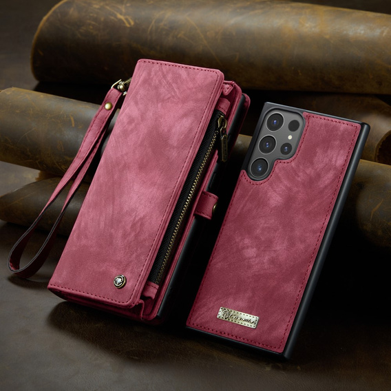 CASEME θήκη για Samsung Galaxy S25 Ultra, Retro Leather Wallet, με λουράκι, κόκκινη